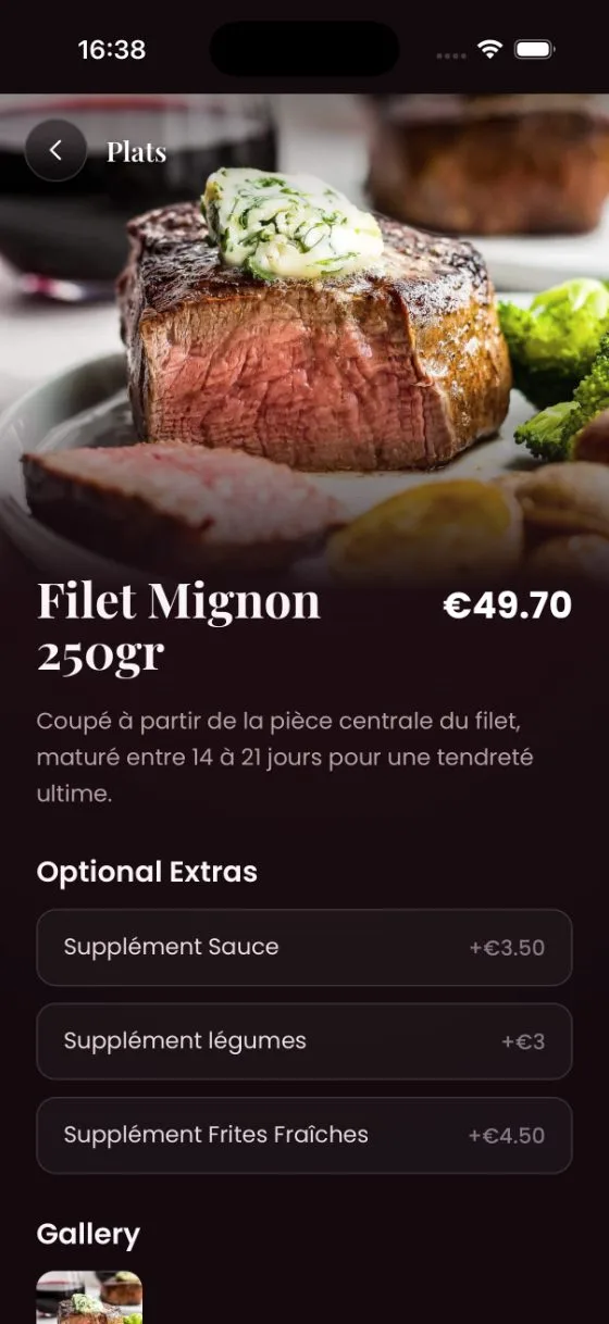 A dish page in a digital menu, with its photograph, description and optional extras