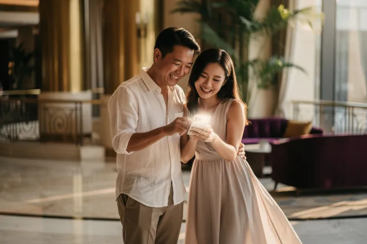 Two guests laughing over a phone in a sunlit hotel lobby