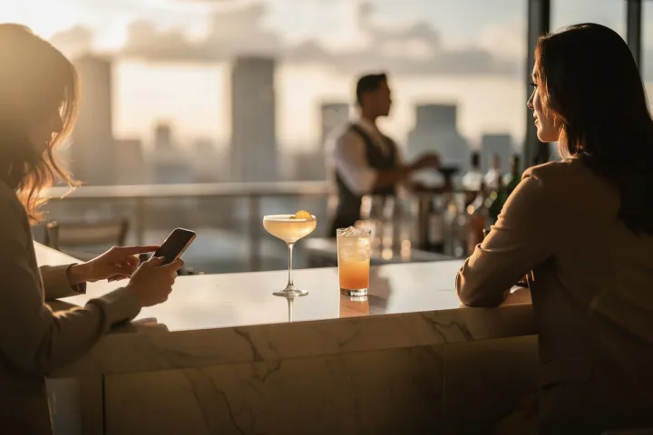 Two guests at a rooftop bar at golden hour, one booking on a phone